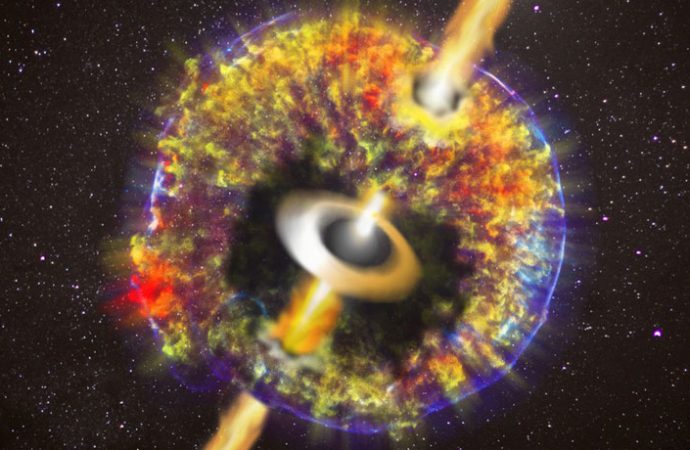 Colliding neutron stars shot a light-speed jet through space